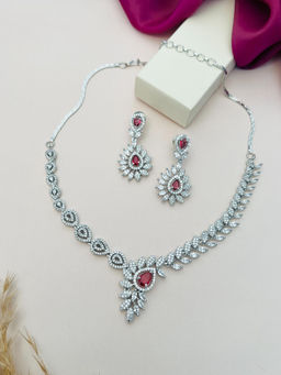 Abdesigns - Red Silver Plated American Diamond Jewellery Set