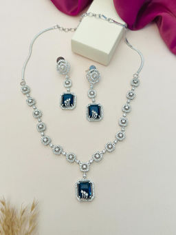 Abdesigns - Blue Silver Plated American Diamond Jewellery Set