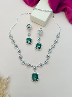 Abdesigns - Green Silver Plated American Diamond Jewellery Set
