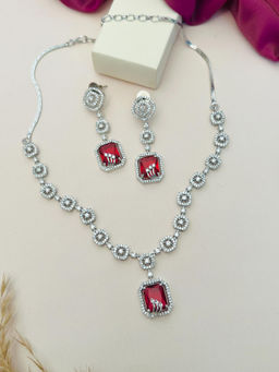Abdesigns - Red Silver Plated American Diamond Jewellery Set