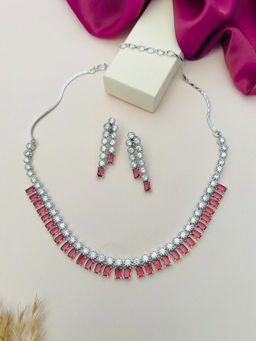 Abdesigns - Red Silver Plated American Diamond Jewellery Set