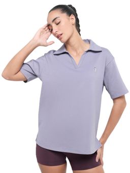 Hunnit - Women Lavender Solid Relaxed Fit Polo T-Shirts