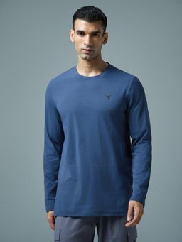 Technosport - Men Navy Blue Solid Slim Fit Round Neck T-Shirt with Cotflex