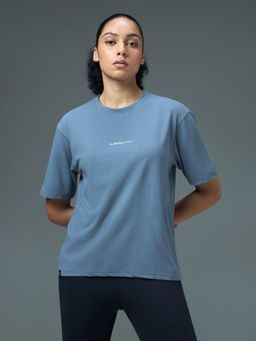 Technosport - Women Blue Solid Boxy Fit Round Neck Sports T-Shirt with Cotflex