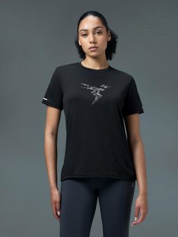 Technosport - Women Black Solid Regular Fit Round Neck Sports T-Shirt with Technocool+