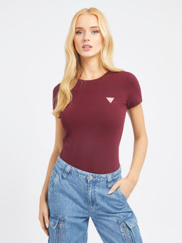 Guess - Women Maroon Solid Round Neck Short Sleeves T-Shirt