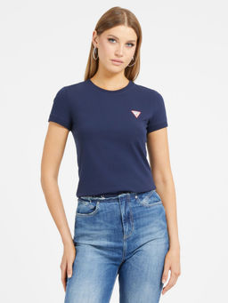Guess - Women Navy Blue Solid Round Neck Short Sleeves T-Shirt