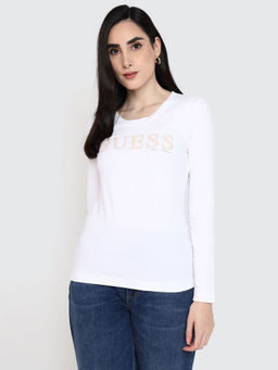 Guess - Women White Embellished Round Neck Short Sleeves T-Shirt