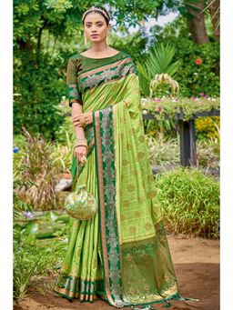 Sangam Prints - Light Green Silk Silver Zari Work Traditional Tassel Saree with Unstitched Blouse