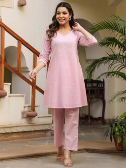 Janasya - Women Pink Self Design Co-Ord (Set of 2)