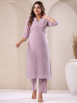 Janasya - Women Lavender Self Design Kurta with Pant (Set of 2)