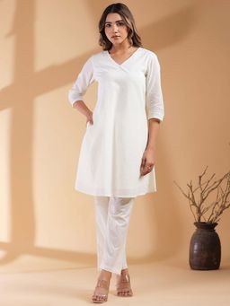 Janasya - Women Off White Self Design Co-Ord (Set of 2)