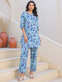 Janasya - Women Blue Floral Co-Ord (Set of 2)