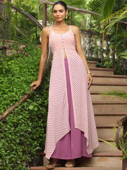 Janasya - Women Lavender Stripes Kurta with Palazzo (Set of 2)