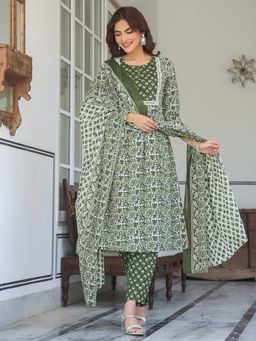 Janasya - Women Olive Printed Kurta with Pant and Dupatta (Set of 3)