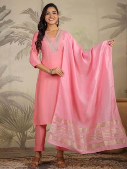 Janasya - Women Pink Embroidered Kurta with Pant and Dupatta (Set of 3)