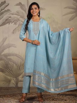 Janasya - Women Blue Embellished Kurta with Pant and Dupatta (Set of 3)