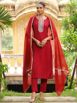 Janasya - Women Red Embroidered Kurta with Pant and Dupatta (Set of 3)