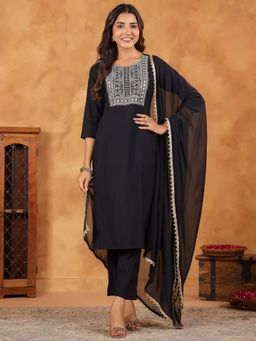 Janasya - Women Black Embroidered Kurta with Pant and Dupatta (Set of 3)