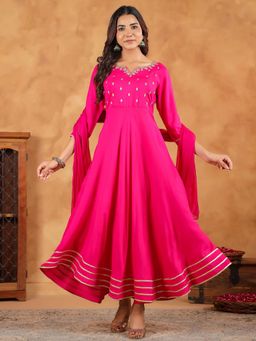 Janasya - Women Pink Embroidered Anarkali Kurta with Pant and Dupatta (Set of 3)