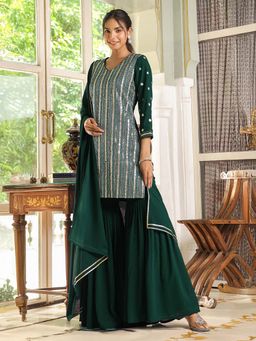 Janasya - Women Green Embellished Kurta with Sharara and Dupatta (Set of 3)