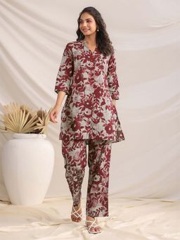Janasya - Women Maroon Floral Co-Ord (Set of 2)