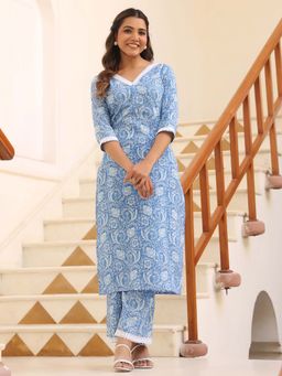 Janasya - Women Blue Self Design Kurta with Palazzo (Set of 2)