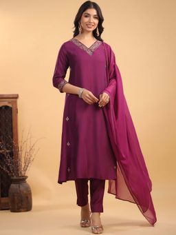 Janasya - Women Purple Embroidered Kurta with Pant and Dupatta (Set of 3)