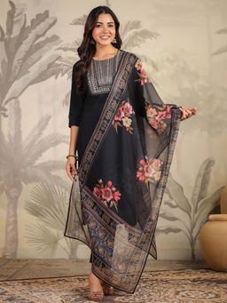 Janasya - Women Black Embroidered Kurta with Pant and Dupatta (Set of 3)