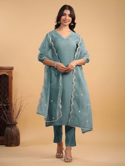 Janasya - Women Blue Solid Kurta with Pant and Dupatta (Set of 3)