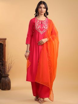 Janasya - Women Pink Embroidered Anarkali Kurta with Pant and Dupatta (Set of 3)