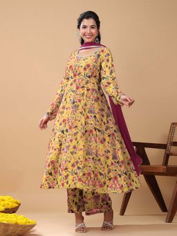 Janasya - Women Mustard Floral Kurta with Pant and Dupatta (Set of 3)
