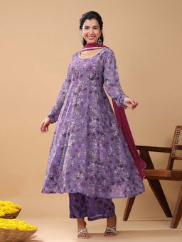 Janasya - Women Lavender Floral Kurta with Pant and Dupatta (Set of 3)