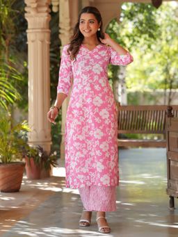 Janasya - Women Pink Floral Kurta with Palazzo (Set of 2)