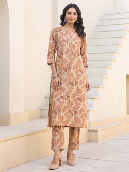Janasya - Women Beige Floral Kurta with Pant (Set of 2)