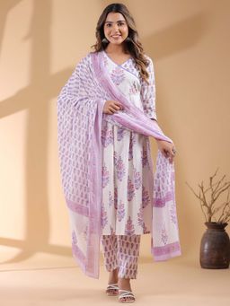 Janasya - Women Lavender Floral Angrakha Kurta with Pant and Dupatta (Set of 3)