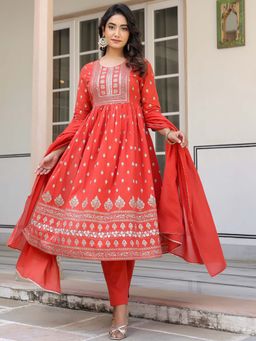 Janasya - Women Red Embellished Anarkali Kurta with Pant and Dupatta (Set of 3)