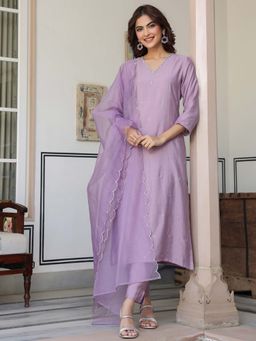 Janasya - Women Lavender Embroidered Kurta with Pant and Dupatta (Set of 3)