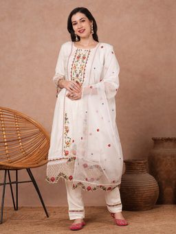 FASHOR - Women White Embroidered Kurta with Pant and Dupatta (Set of 3)