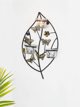 ExclusiveLane - Butterflies & Leaf Handcrafted Wall Sconce Tea Light Holder Iron & Glass