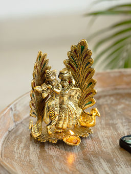 ExclusiveLane - Radha-Krishna & Peacock Idol Showpiece Figurine with Diya Golden
