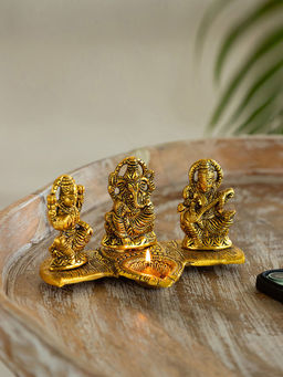 ExclusiveLane - Laxmi Ganesh & Saraswati Idol Showpiece Figurine with Diya Golden