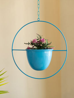 ExclusiveLane - Blue Bliss Hanging Planter Pot with Holder In Iron Hand-Painted