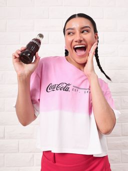 Bewakoof - Women's Pink & White New World Coke Graphic Printed Ombre Oversized Short Top