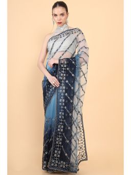 Soch - Women Navy Blue Net Floral Saree with Unstitched Blouse