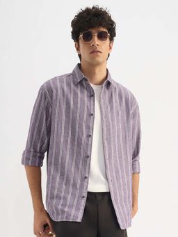 The Souled Store - Cotton Linen Stripes: Berry Plum Men's Cotton Linen Shirt
