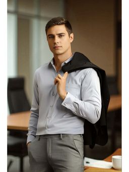 Louis Philippe - Men's Grey Textured Full Sleeves Formal Shirt