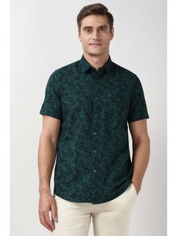Peter England - Men's Green Slim Fit Printed Half Sleeves Casual Shirt