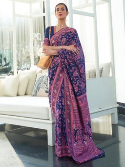 Sareemall - Women's Cotton Linen Navy Blue Chikankari Designer Saree With Unstitched Blouse