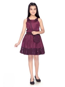 TINY GIRL - Girls Wine Sequin Embellished Strappy Dress with Sling Bag